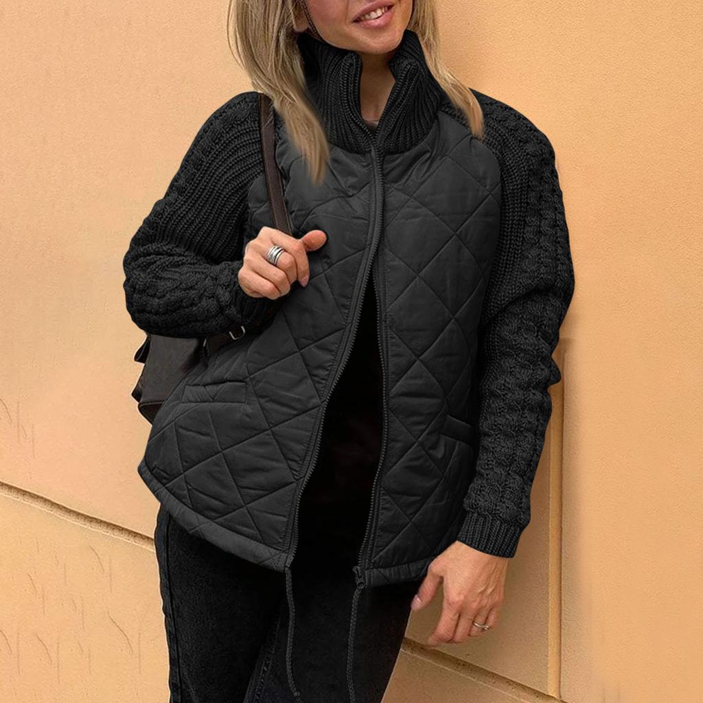 Womens Solid Color Knitted Patchwork Quilted Jacket Casual Lightweight Stand Collar Long Sleeve Zip Jackets Padded Outerwear Coats