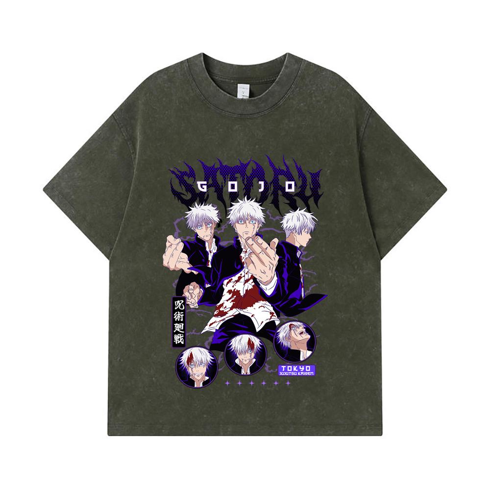 

275 GSM Washed T-shirts 100% Cotton Jujutsu Kaisen V6 Gojo Print Unisex Heavy Cotton T Shirt S армия зеленый