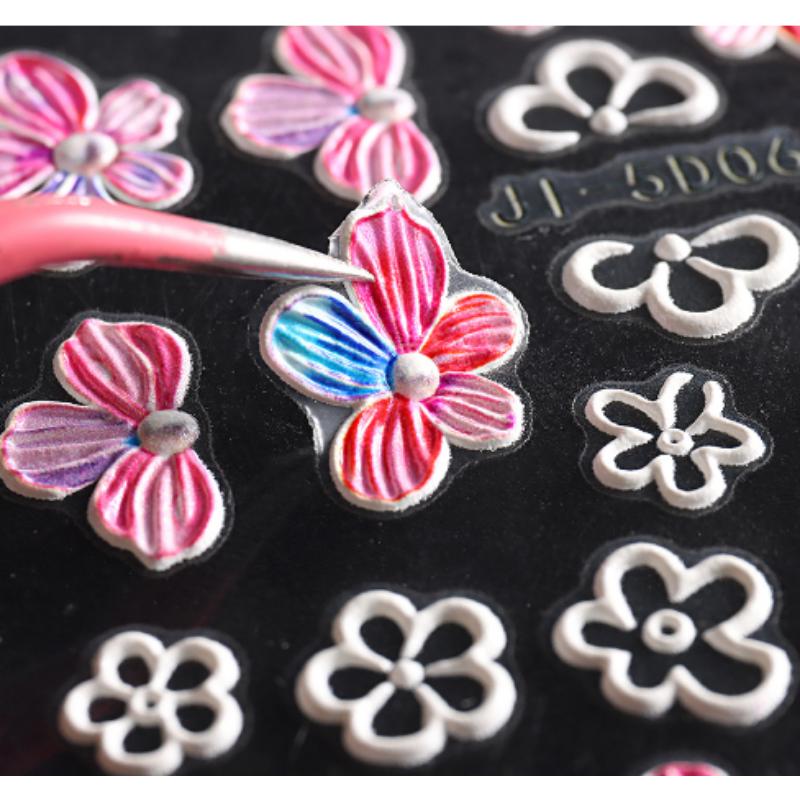 5D Nail Stickers Flowers Geometric Lines Decor Acrylic Embossed Sliders Gold Frame Nail Decals Cherry Blossom Manicure GLJI-5D05