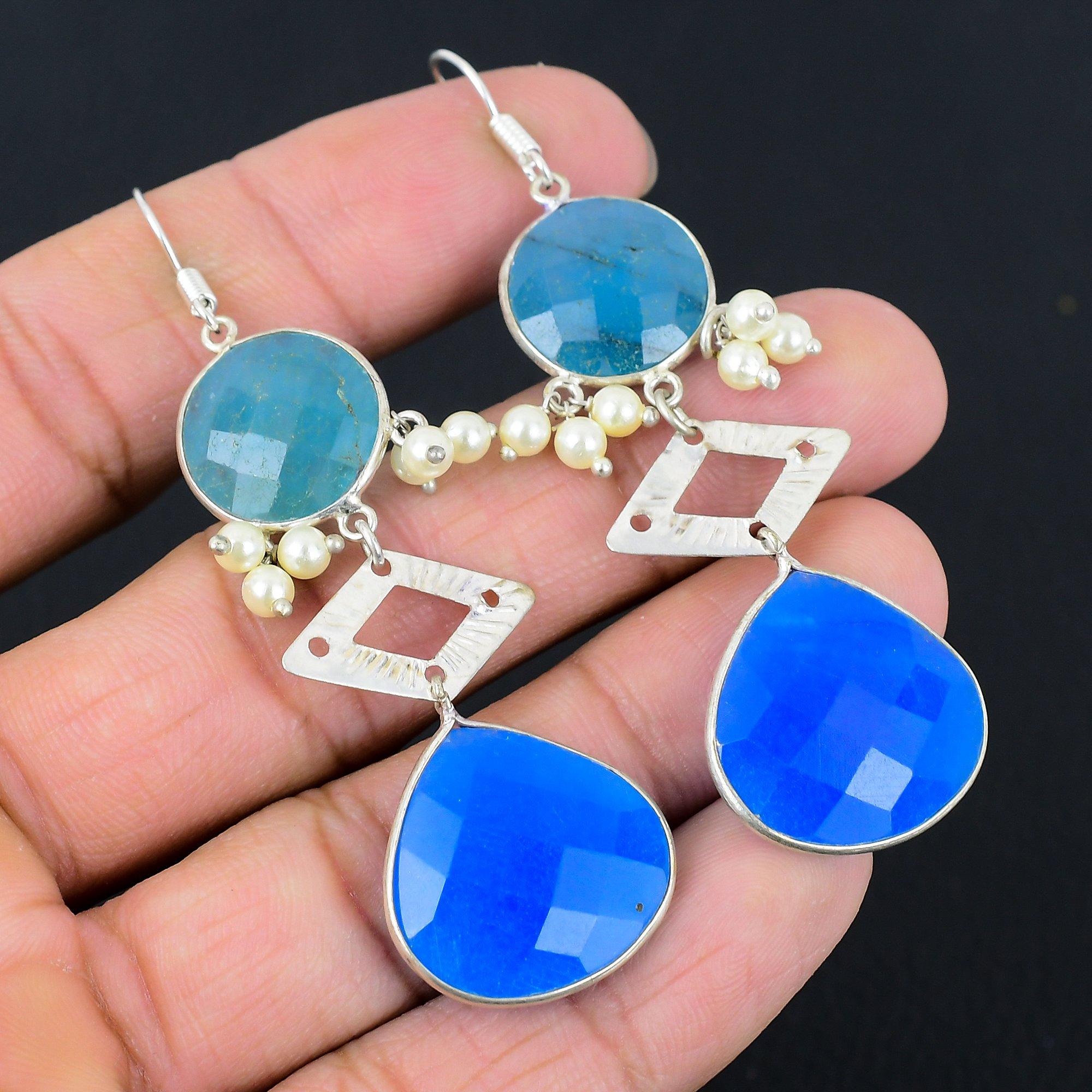

Sisters Day Deal 925 Silver Blue Sapphire Gemstone Drop Dangle Birthday Earrings