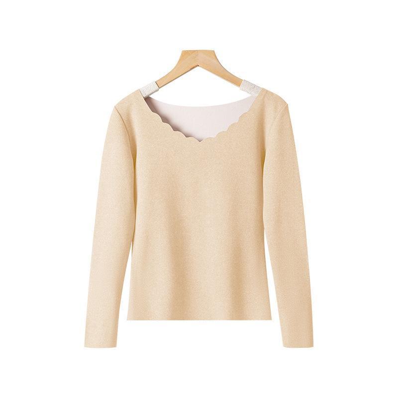 

Women s Seamless Double-Sided Brushed Velvet Warm Suit for Autumn & Winter: Long-Sleeved Bottoming Shirt top, L