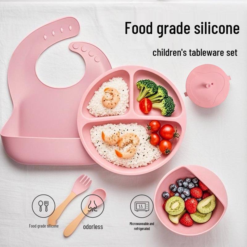 Children's Silicone Cutlery & Dinner Set: Bib, Spoon, Fork, Smiley Plate, and Bowl