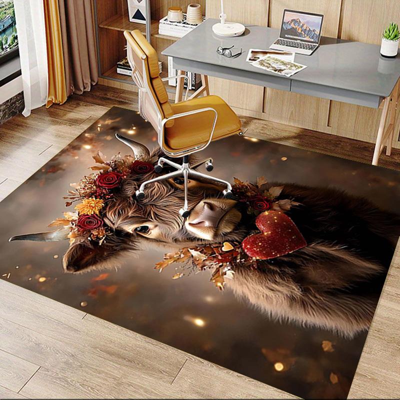 1PC cow, floral Non-Slip Floor Carpet Compatible for Office&Living Room&Bedroom&Dining room - Flat-Weave Machine-O362
