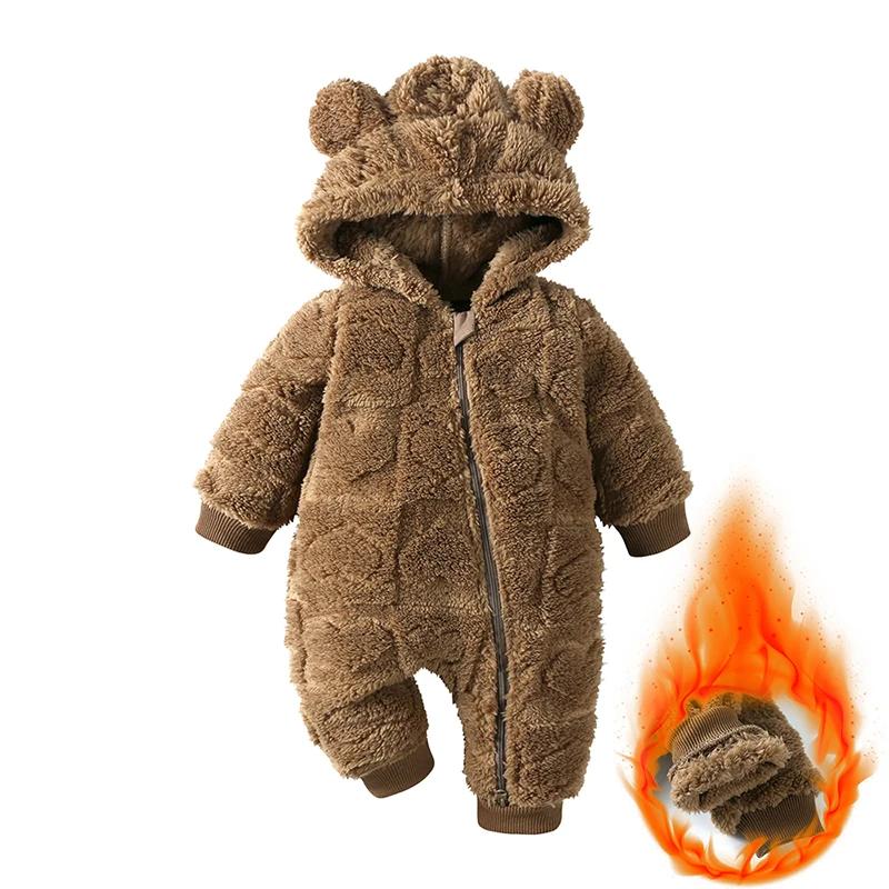 Winter Baby Bear Hooded Romper Thicken Fleece Warm Heart Flannel Toddler Girl Jumpsuits Infant Boy Bodysuit for Newborn Clothes