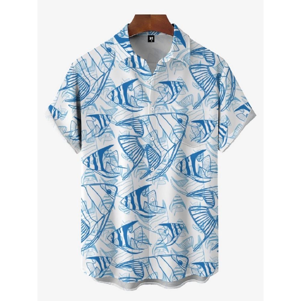 Men's Shirts Summer Hawaiian Casual Seaside Beach Tops Cartoon Planet Rocket Print Button Short-sleeve Oversized Shirts Chemise