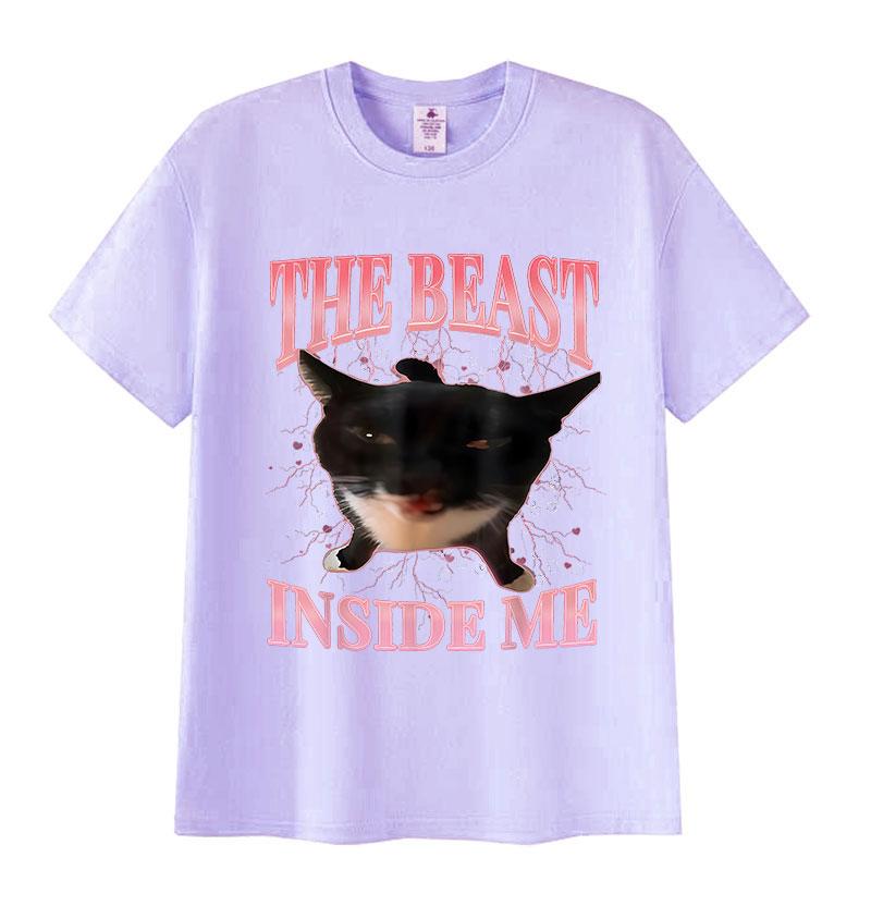 The Beast Inside Me Funny Cat Meme T Shirt for Man Woman Summer Harajuku Vintage T-shirts Unisex Casual Oversized Cotton T-shirt