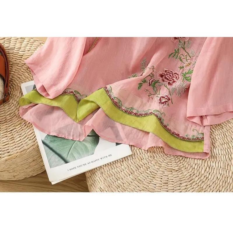 Chinese Style Slanted Collar Cheongsam Shirt Ummer Linen Retro Style Embroidered Literary Flair