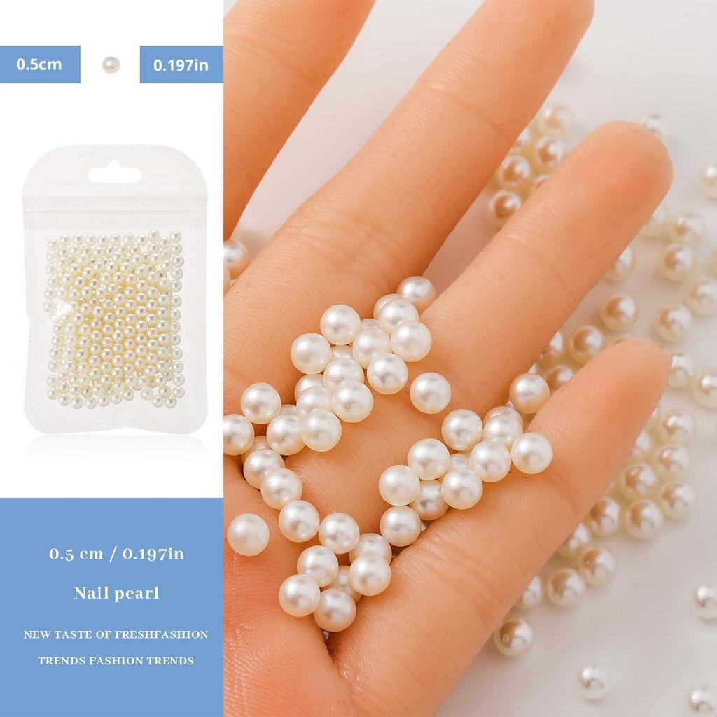 3D High-Gloss Beige Round Nail Art Pearls - No Hole, Multiple Sizes, Non-Peeling
