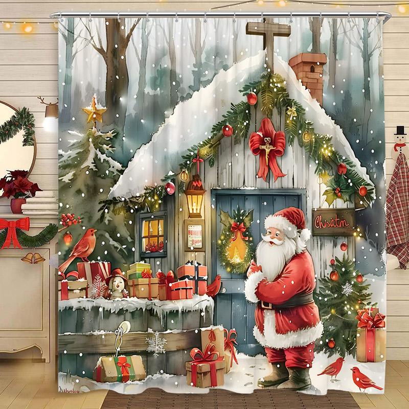 Christmas Shower Curtain Santa Claus Christmas Tree Cat Dog Winter Snowy Snowflake Home Polyester Fabric Bathroom Decor Curtains