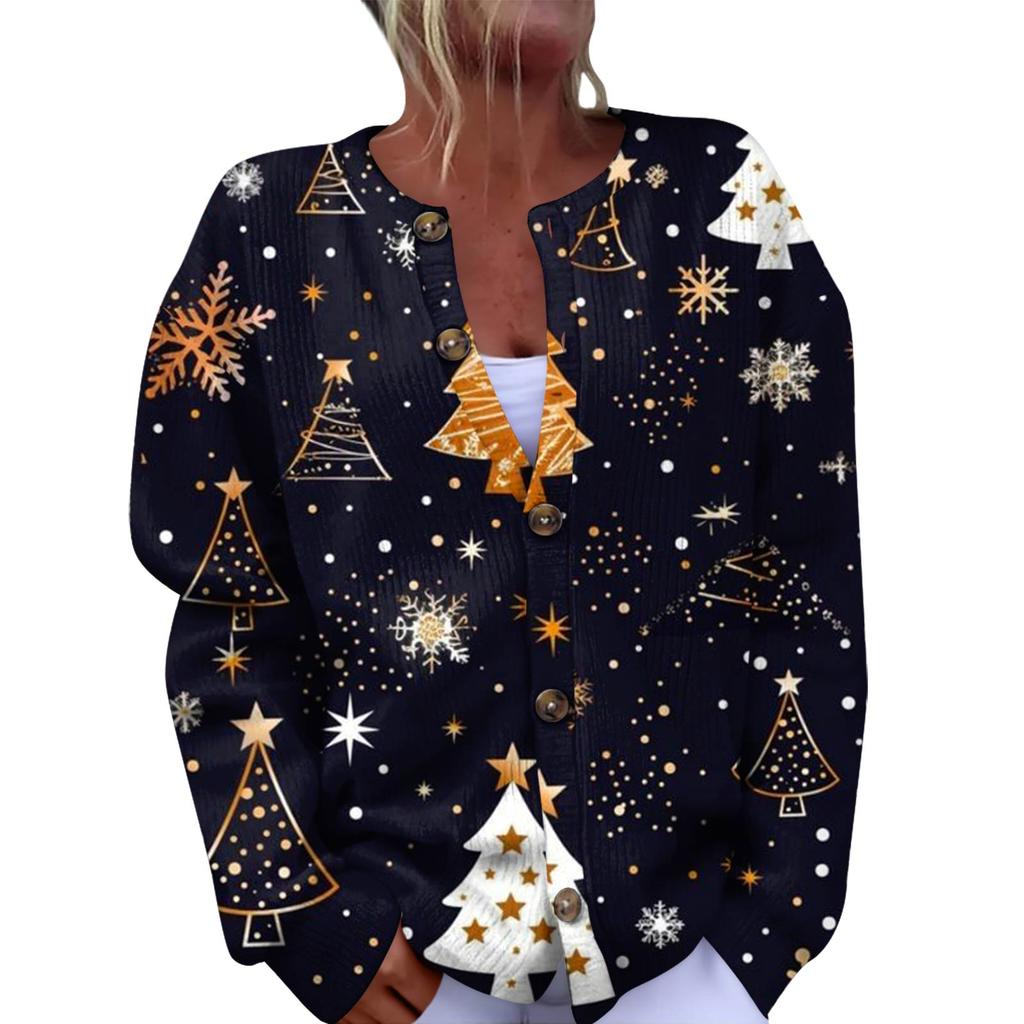 Women's Fashion Christmas Printed Long Sleeve Knitted Cardigan Button Down Jacket