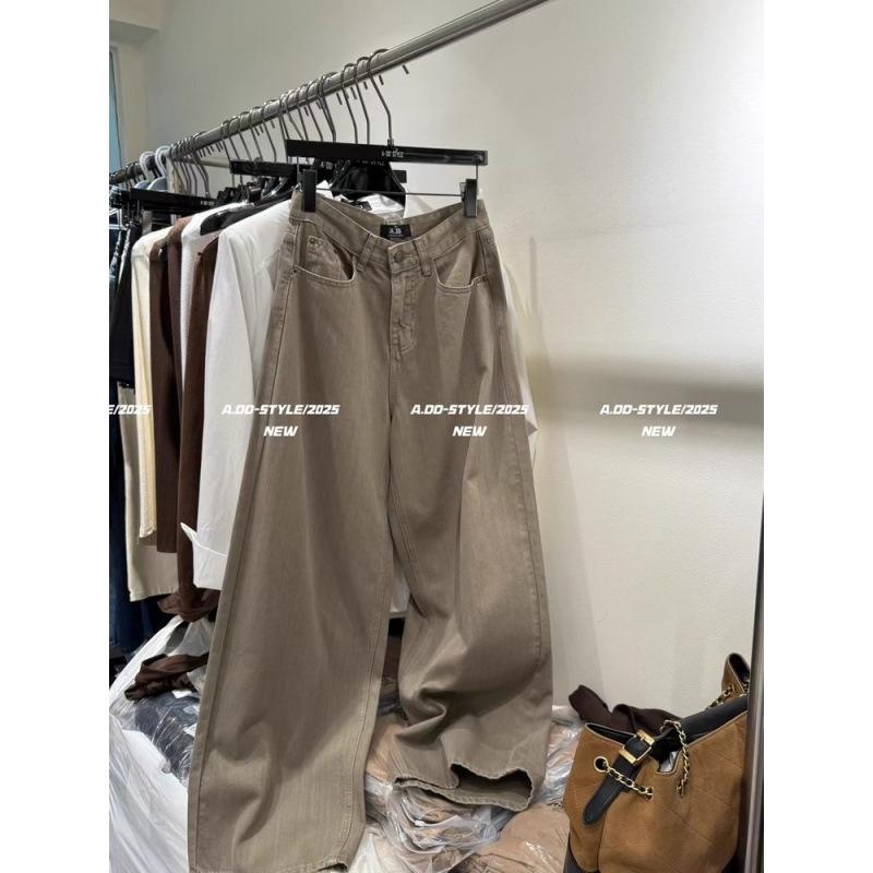 

Korean Retro Washed Khaki High-Waist Wide-Leg Denim Jeans Large хаки