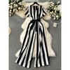 European and American Color Matching Striped Lace-up Waist-Tight Long Jumpsuit