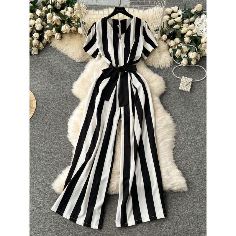 European and American Color Matching Striped Lace-up Waist-Tight Long Jumpsuit