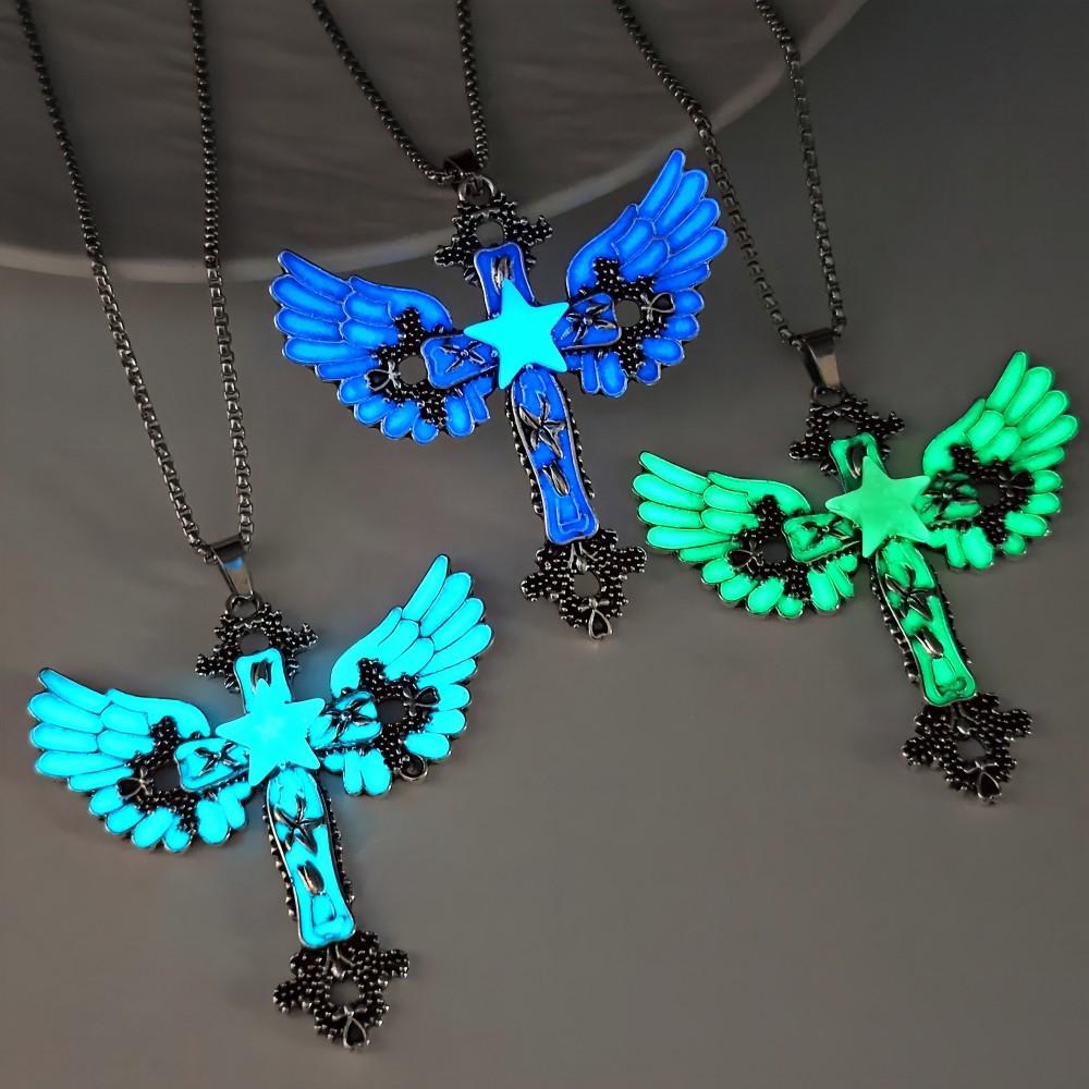 Pendente Croce Stella a Cinque Punte Alare Design Retrò Occhio Notturno Accattivante Tendenza Collana Fluorescente Personalizzata