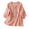 Women V-neck Shirt Elegant Floral Embroidered V Neck Blouse for Women Stylish Three Quarter Sleeve Loose Fit Shirt