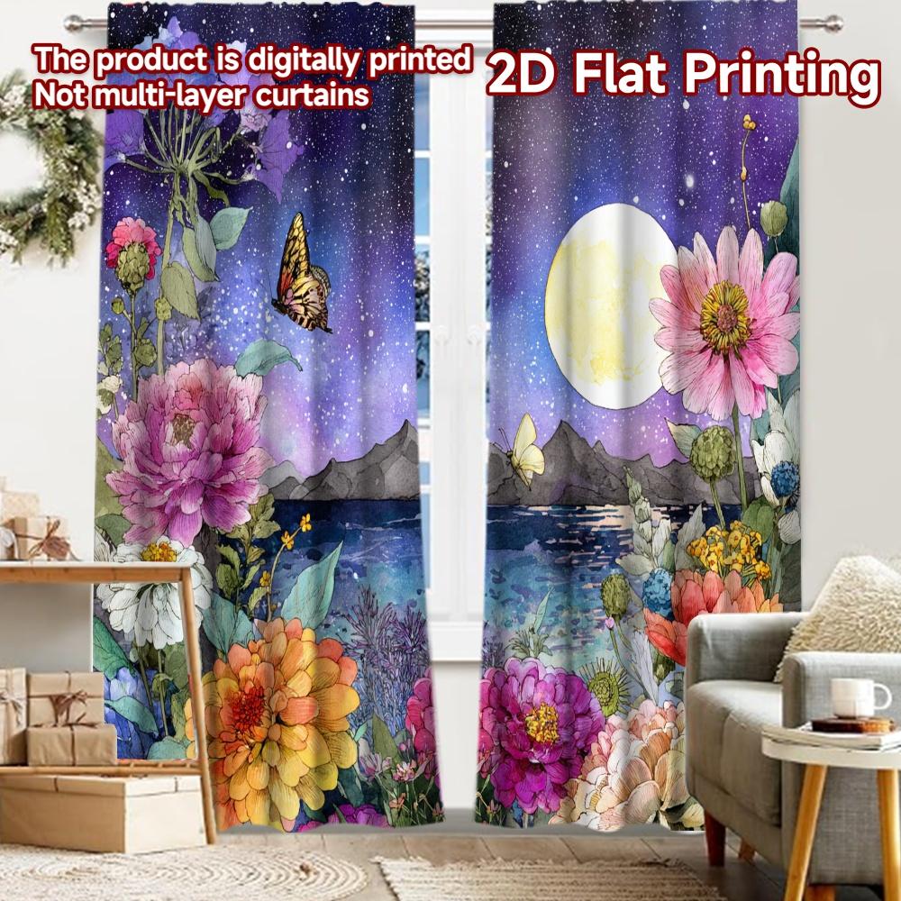 

2pcs, 2D FLAT PRINTING Curtains (Without Rod) Moonlit Bloom(1) Christmas Festival Minimalist Curtains Machine Washable Fabric 52.50 × 116.00 cm 2 pcs