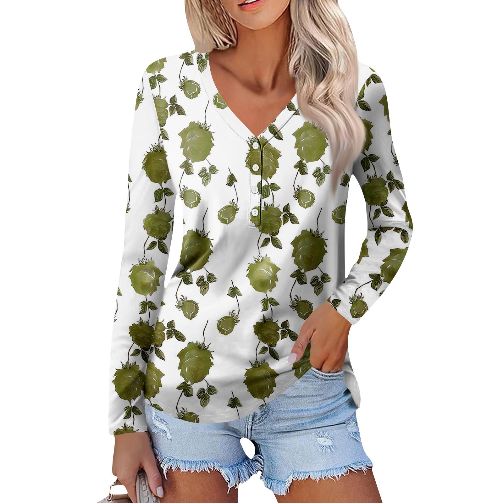 

Women s Casual Loose Fashion Retro Floral Print Long Sleeve V-Neck Button Down Shirt L армія зелений колір