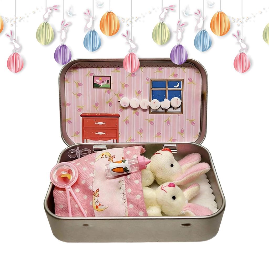 Little Pocket Bunny Plush Toy in Tin Easter Kids Basket Stuffers Cute Bunny Gift for Home Holiday Festival Party Children Girls