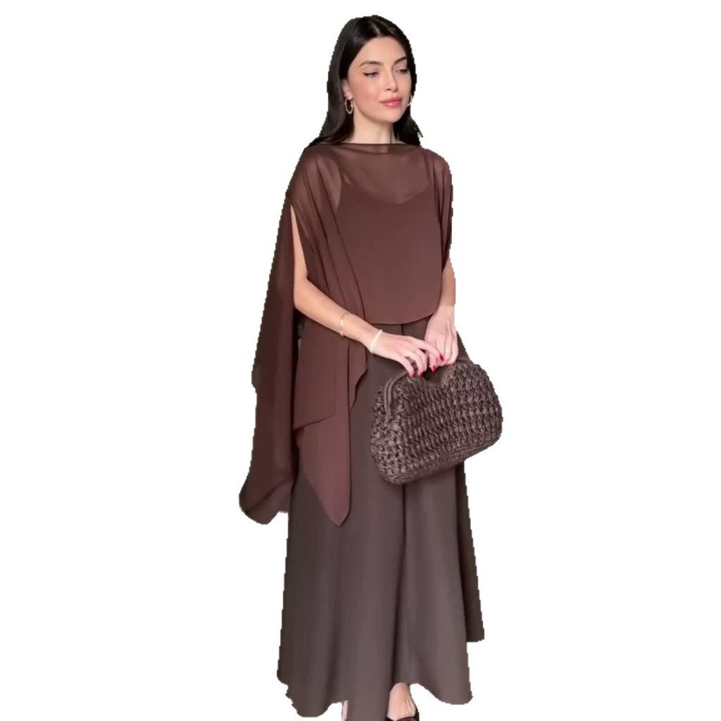 spring and autumn new European and American women's clothing loose meat covering tulle cape chiffon shawl suspender skirt set