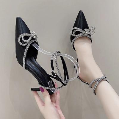 Glitter Rhinestones Women Black Pumps Bowknot Satin Ladies Sandals 2024 Summer Ankle Strap High Heels Party Prom Designer Shoes