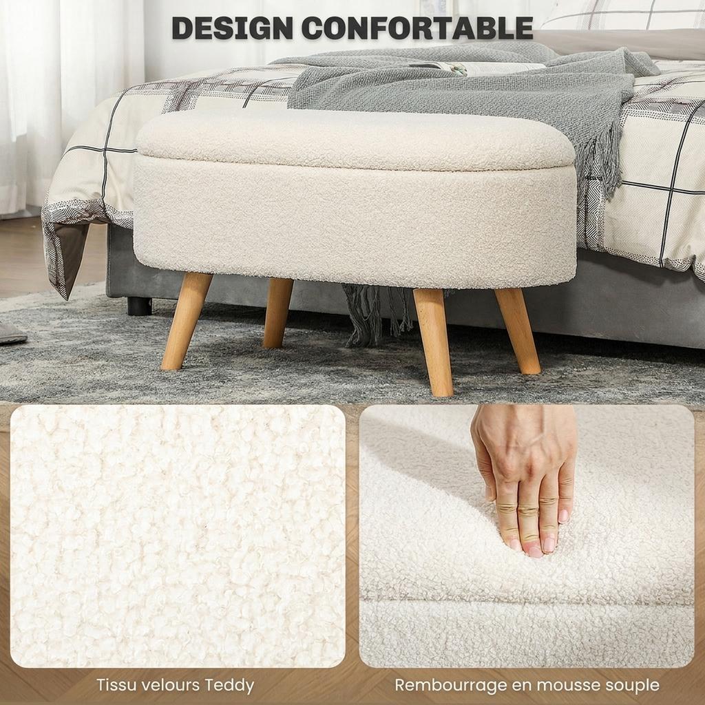 Storage Bench, Plush Padded Bed End with Lid and Wooden Legs, 82 x 41 x 45 cm, White