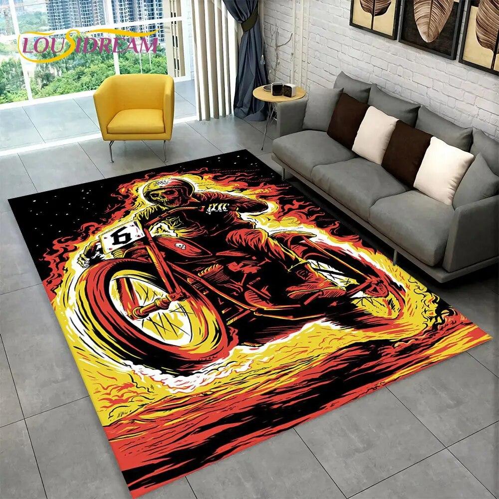 Retro Vintage Motocyklový koberec Lebka,Koberec do obývacího pokoje Ložnice Pohovka Rohožka Kuchyň Dekor,Dětská protiskluzová podložka