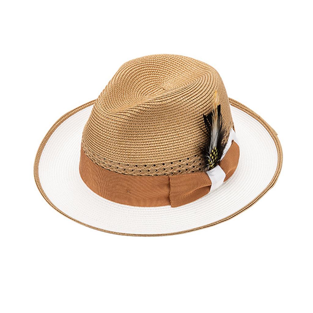 Elegant Raffia Panama Hat With Feather Detail Unisex Foldable Travel Accessory For Beach Party