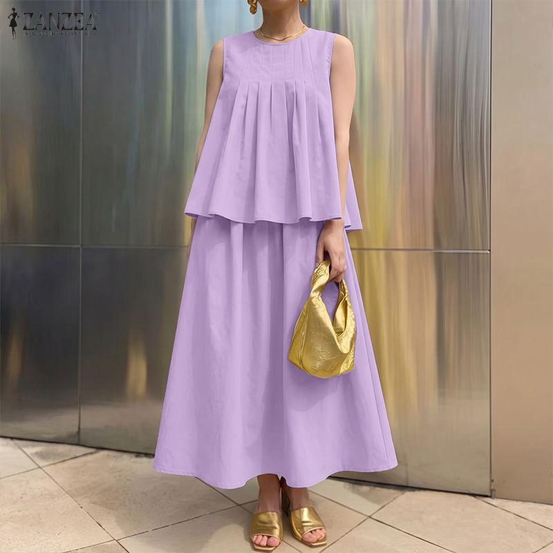 ZANZEA Women Elegant Casual Sleeveless Vest Tops With Loose Skirts Two Piece Suit Sets