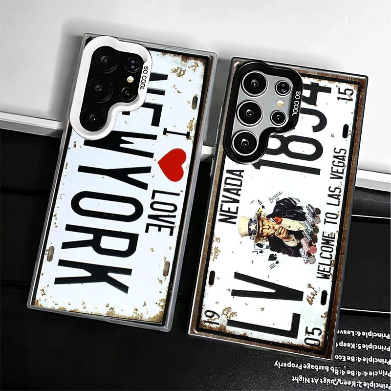 Retro Vintage License Plate Soft Phone Case for Samsung Galaxy S24 S25 FE S26 Edge S23 Ultra S22 Plus S21 + Shockproof Cover Bac