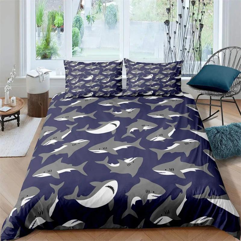 Blått och Vitt Tecknat Hajfiskmönster Barn Påslakan Pojkar Flickor Lyxig Rumsdekoration för Barn Tonåringar Gåva Queen Size