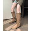 Sheepskin Version~ Retro Pointed Western Cowboy Boots V-mouth Stacking Boots Thick Heel Tall Pleated Boots Female Knight Boots