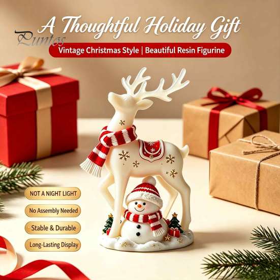 Charming Winter Table Decor Christmas Reindeer Snowman Resin Figurine, White Deer Statue with Red Scarf, Festive Mantelpiece Display Holiday Tabletop