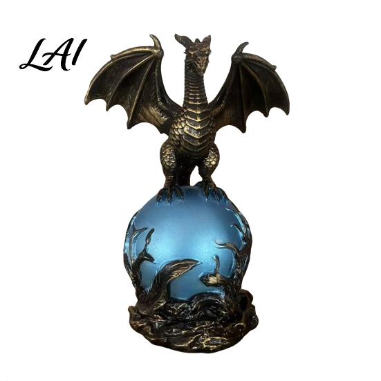 Mythical Creature Lamp Dragon Statue with Ball Dark Style Figurine USB Powered синий