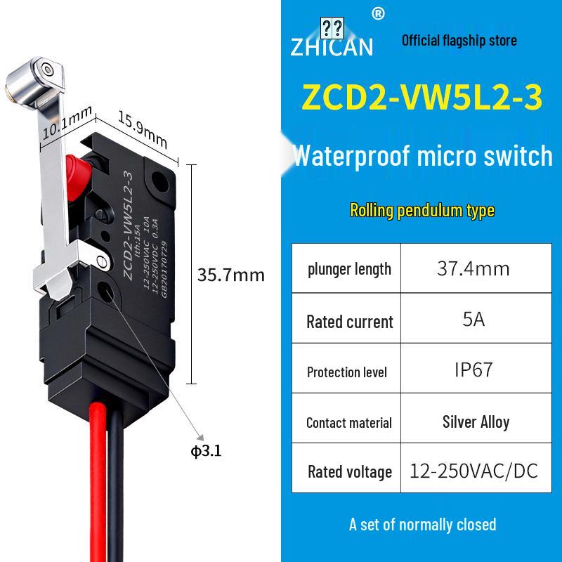 IP67 Waterproof Micro Switch, 5L1B/5L2A/5L3 Models, Straight Lever Roller, 1 NO/1 NC Limit Switch.