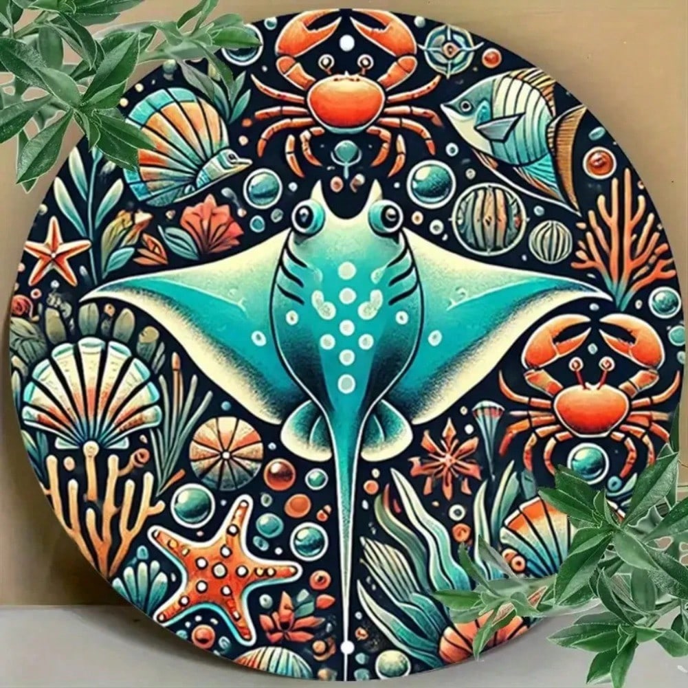 Vintage Manta Ray Metal Wall Art Coastal Beach Decor Sign Coral Starfish Sea Horse 20x20