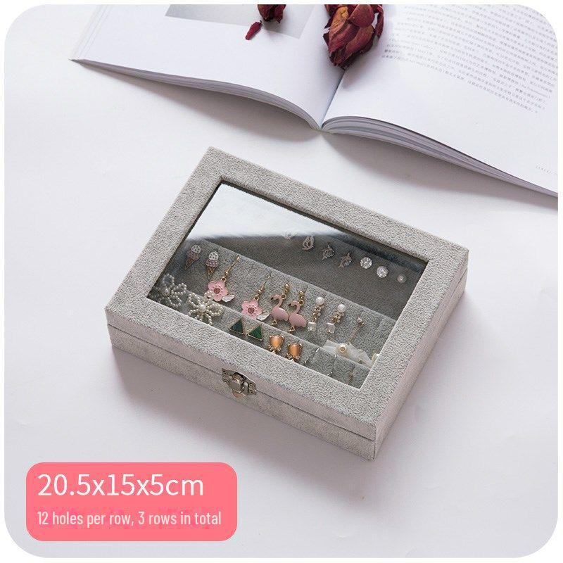 Pink Flocked Portable Jewelry Box with Lid - 316-Grit Dustproof Glass Ring & Earring Display