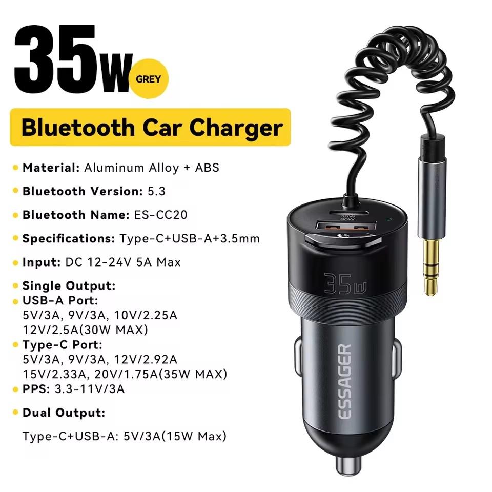 Essager Bluetooth 5.3 Car Charger 3.5mm Jack AUX Cable 35W Fast Charging For iPhone16 15 Huawei Samsung Bluetooth Car Chargers