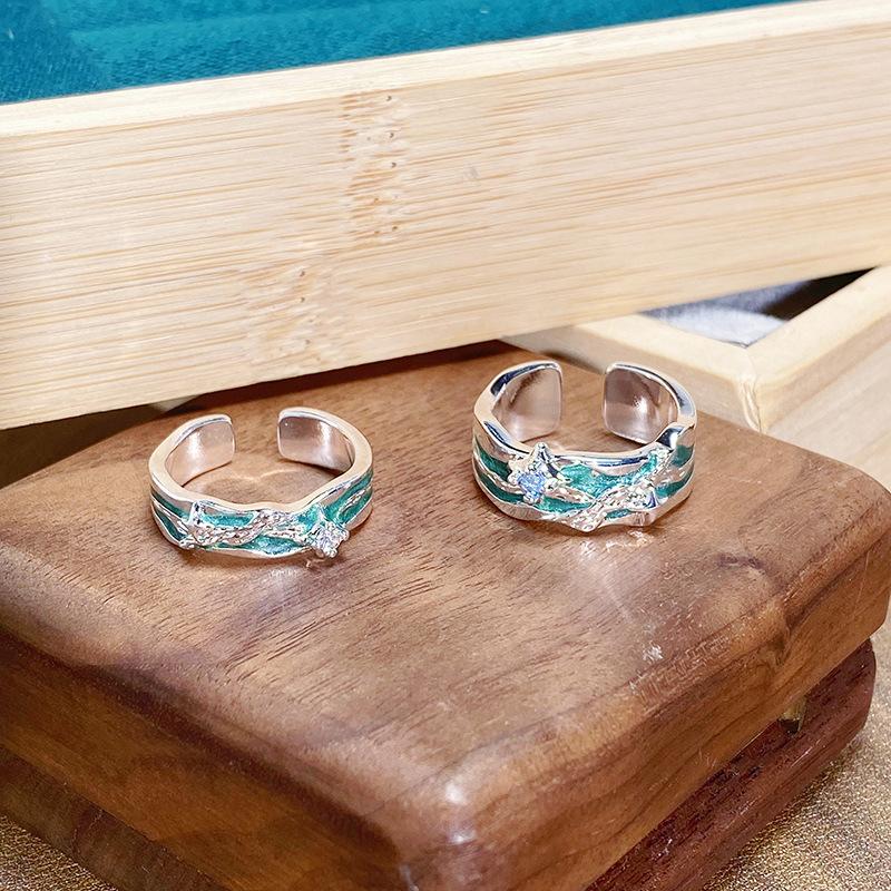 Small Fresh Green Dripping Oil Enamel Open Ring Women'S French Irregular Personality Advanced Ring