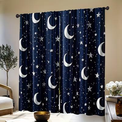 2 Peças de Cortinas com Estampa de Lua e Estrelas, adequadas para decoração de quarto, sala de estar, cozinha, decoração de casa, decoração de janela