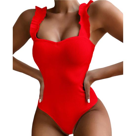 Square Collar Backless Ribbed Women Monokini Ruffle Shoulder Straps Solid Color One-piece