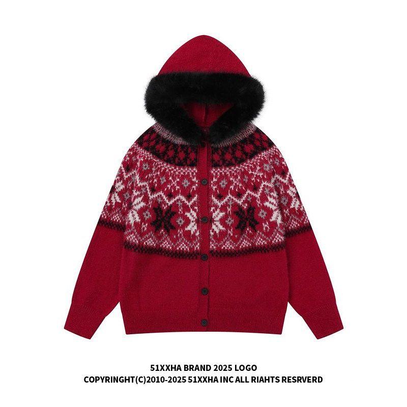 51 Hip-Hop Fair Isle Snowflake Fur Collar Red Sweater Cardigan Unisex Winter Thick Lazy Hooded Knitted Jacket