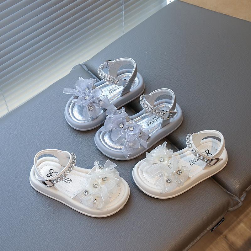 Girls Sandals Lace Flowers Shiny Crystal Kids Beach Shoes Open Toes 2025 Summer New Children Princess Shoes Soft Comfortable