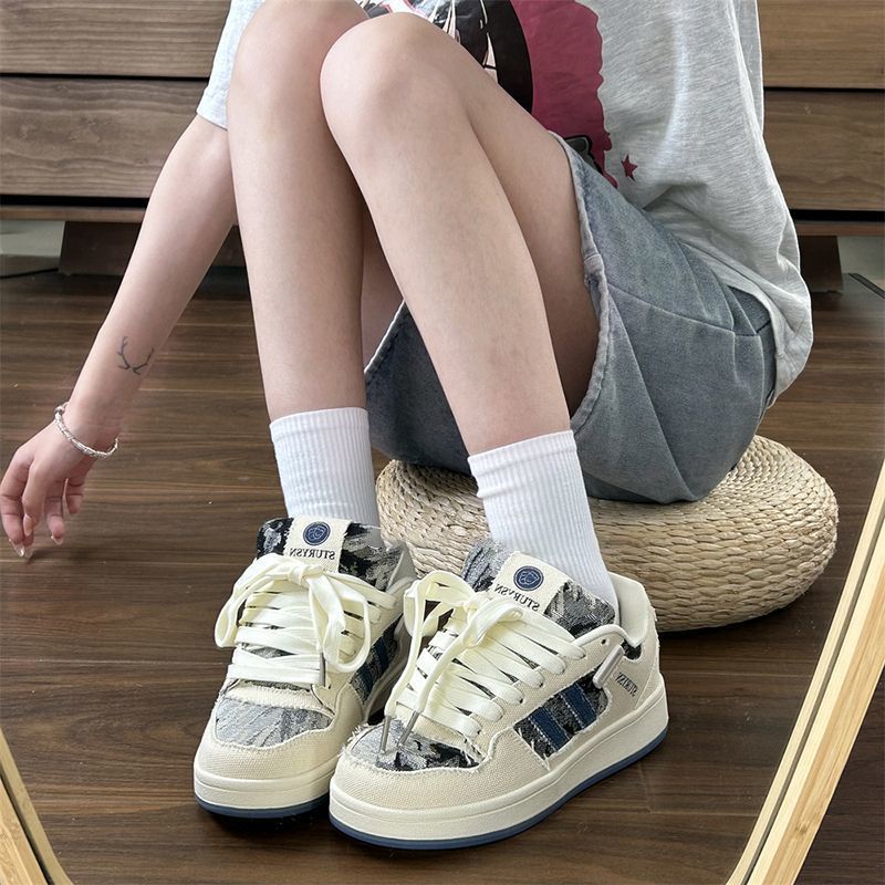 Source Denim Blue Star Bread Shoes Women's Autumn Student Versatile Shoes Niche Platform Sports Board Shoes Women
