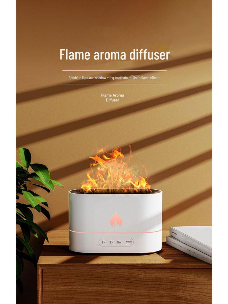 Přeshraniční zvlhčovač s dřevěnou texturou pro aromaterapii: Tichý, Barevná LED, Efekt plamene, Difuzér vůně, Doplnění vody