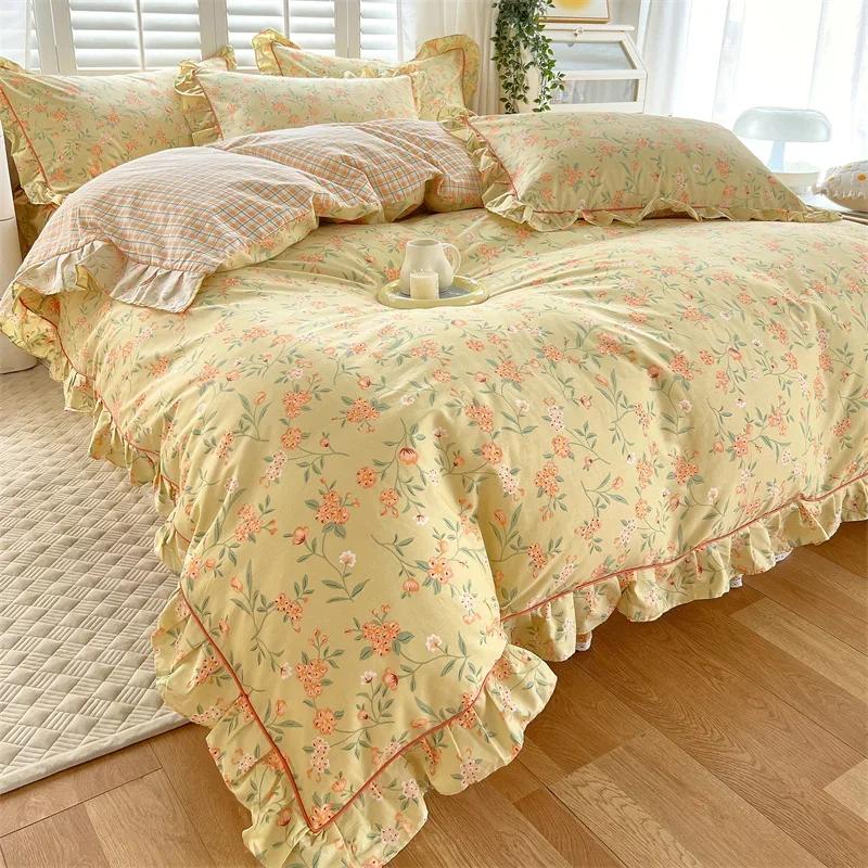 Princess Style Ruffles 100% Cotton Quilt Cover Set or Single Quilt Covers Floral Soft Duvet Cover Cotton Cute Comforter Covers