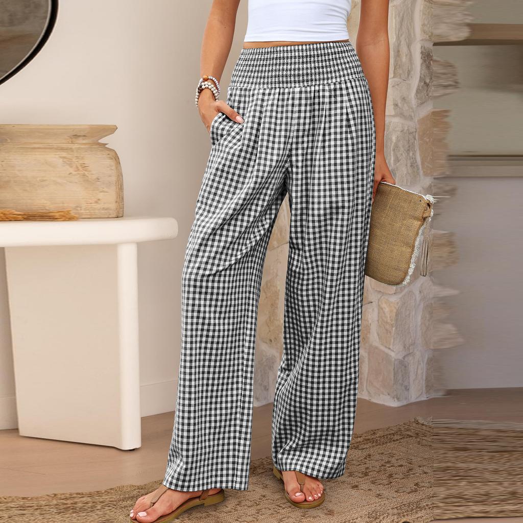 Women's Fashion Loose Pleated Elastic Waistband Pocket Tartan Casual Pants