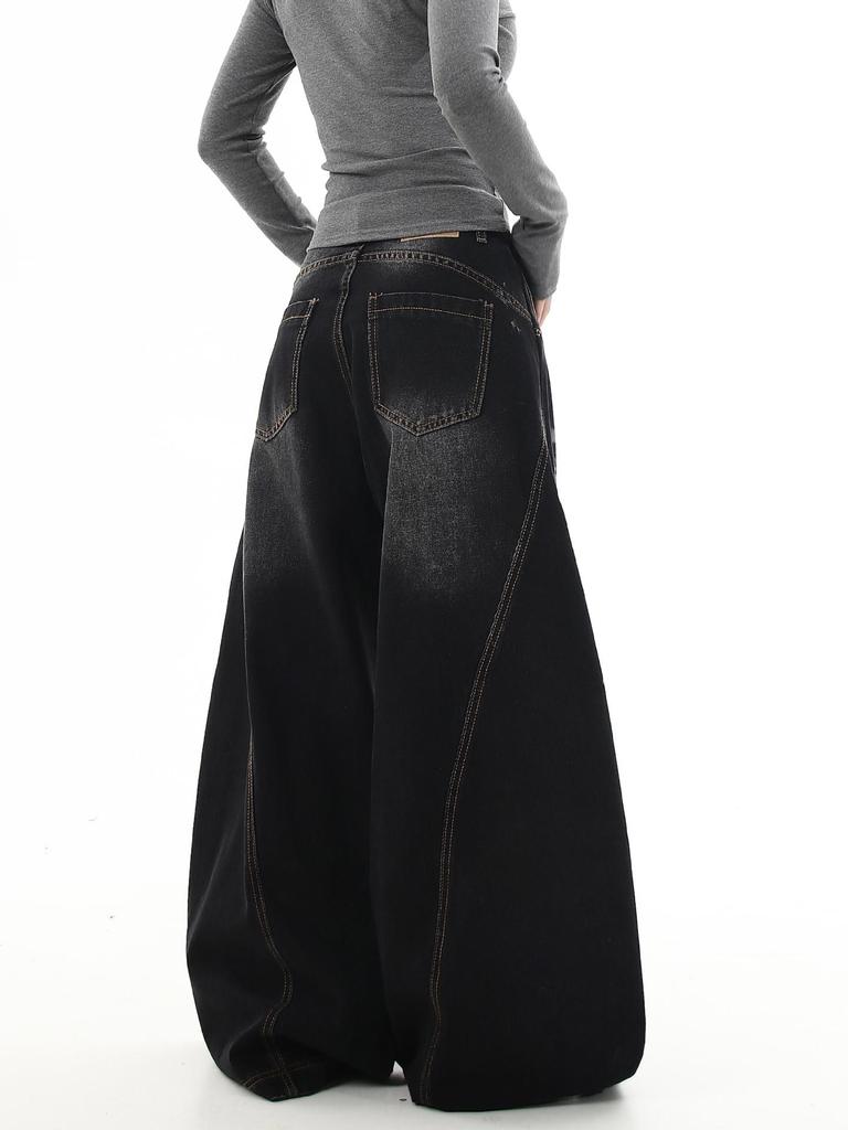 Unisex American Retro Washed Scimitar Jeans: Whiskered Wide-Leg Pants with Clean-Fit Design.