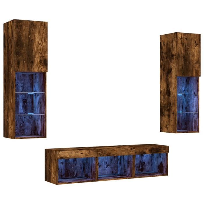 VidaXL Unités Murales TV avec LED 5 pcs, Armoires de Télévision Suspendues, Meubles Télé de Salon, Moderne, Chêne Fumé Bois 3216608