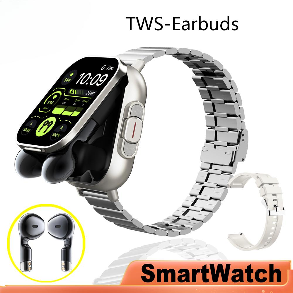 2-i-1 AMOLED Skærm Smartwatch til Mænd Med Øretelefoner Bluetooth Headset Højttaler Tracker Musik Sportsur Mænd Vandtæt Smartwatch