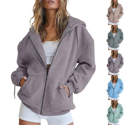 Women's Fashionable Casual Long Sleeve Solid Color Hoodies Zipper Sweatshirts Coat With Pocket